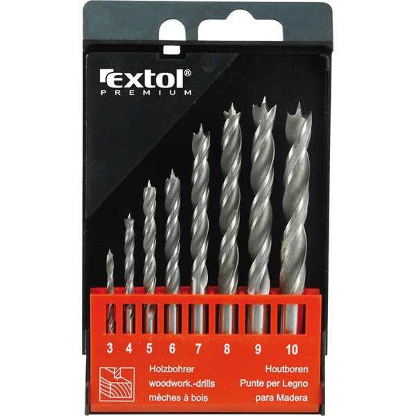 EXTOL PREMIUM fafúró klt. 8 db, rövid, 3-4-5-6-7-8-9-10mm, Cr.V., normál befogás; műanyag dobozban 8801221