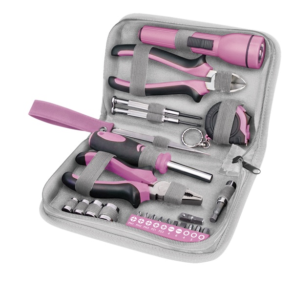 Extol Lady szerszámkészlet, 23db, 1/4"; Extol Lady, rózsaszín, 4 dugófej (6-12mm), fogók, csavarhúzó markolat, mérőszalag, BIT-ek 6595